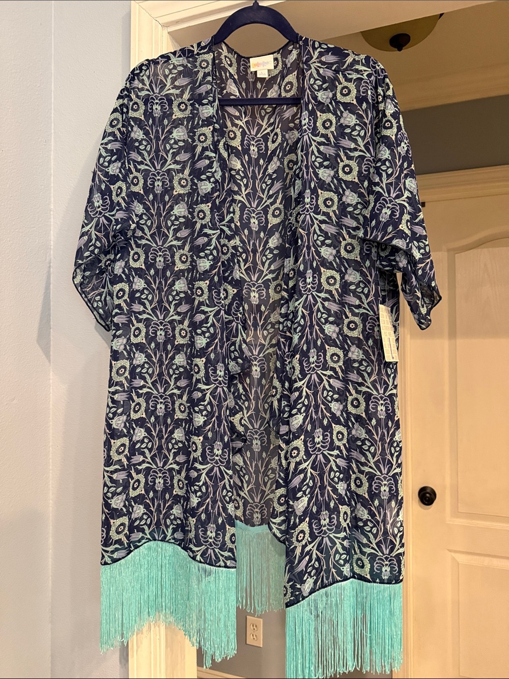 Open-Front Navy Floral Fringe Kimono - Seafoam Fringe, LuLaRoe Monroe